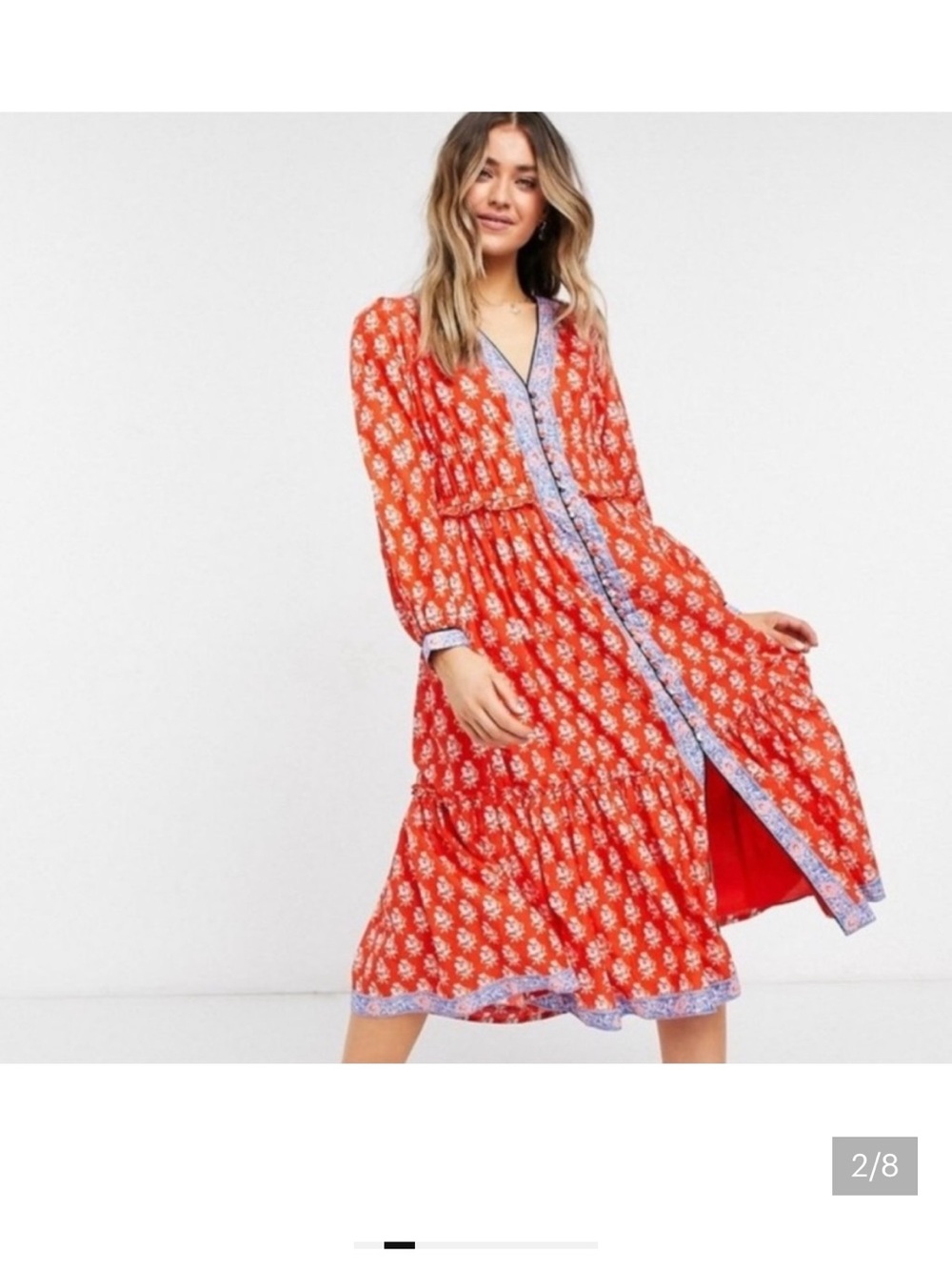 J. Crew Orange Floral Midi Dress with Blue Trim, size 2,